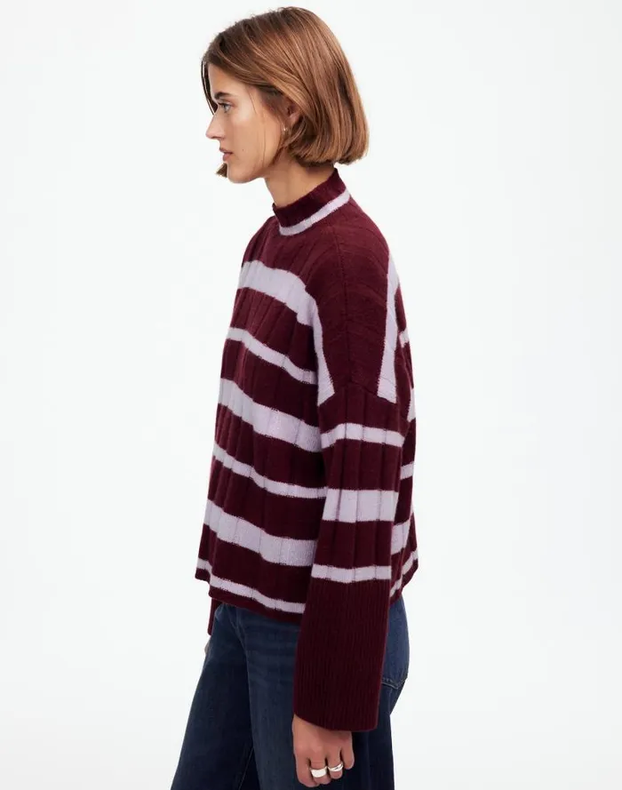 Women Ribbed CashmereWool Blend Pullover Sweater Cabernet Stripe Madewell Sweaters