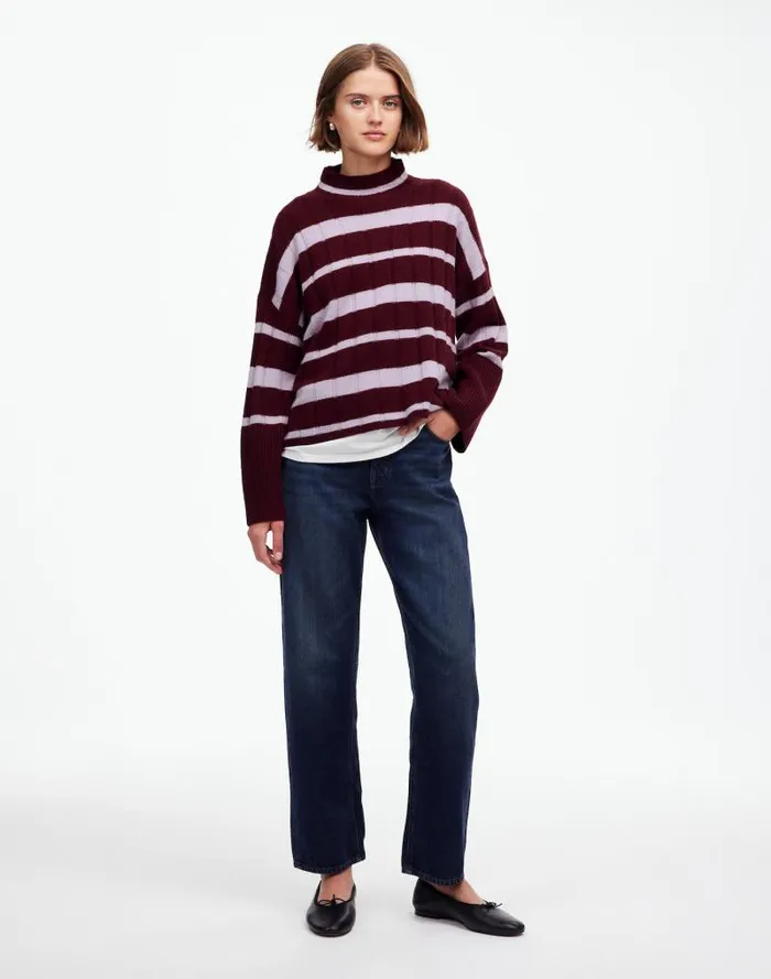 Women Ribbed CashmereWool Blend Pullover Sweater Cabernet Stripe Madewell Sweaters