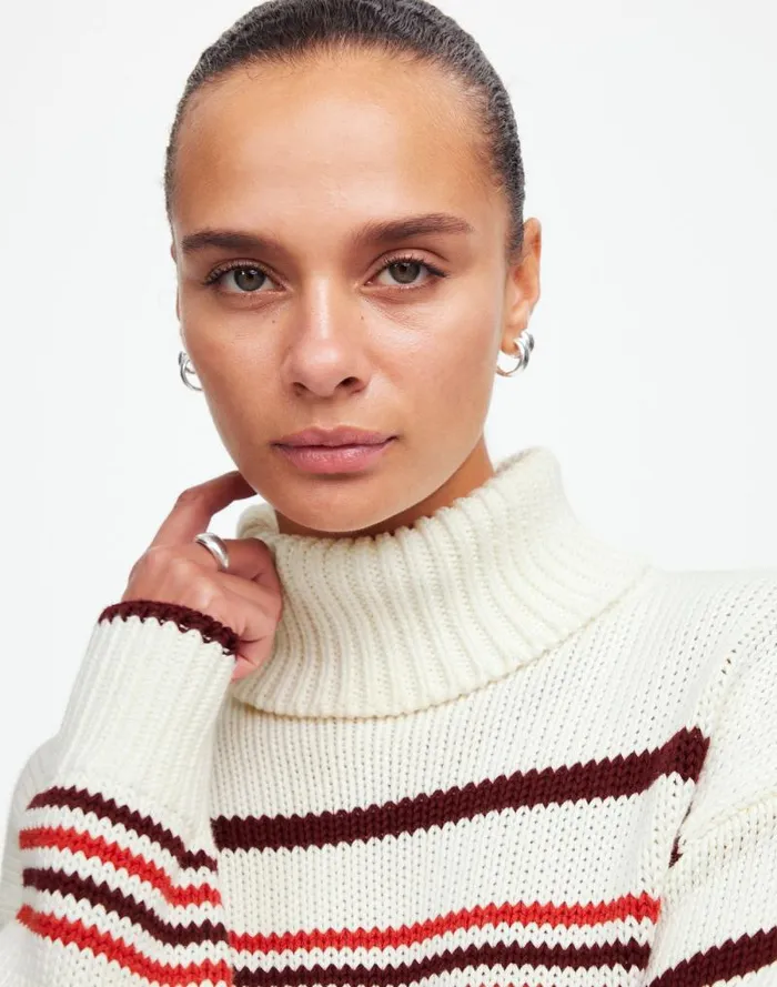 Women Ribbed Cotton Turtleneck Sweater In Stripe Cabernet Stripe Madewell Sweaters