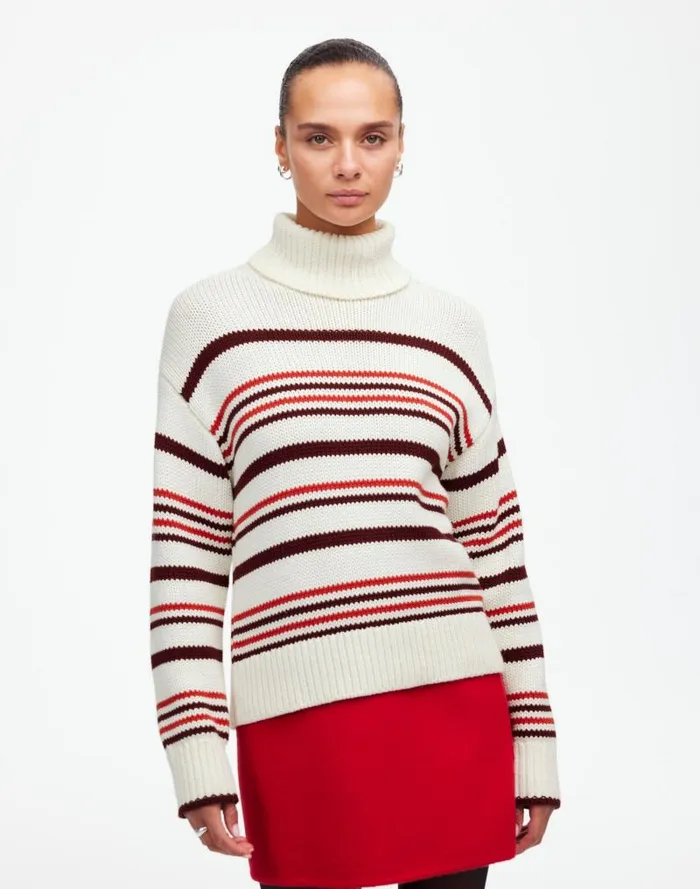 Women Ribbed Cotton Turtleneck Sweater In Stripe Cabernet Stripe Madewell Sweaters