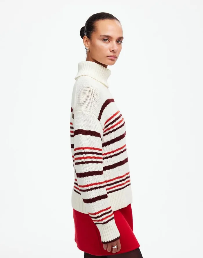 Women Ribbed Cotton Turtleneck Sweater In Stripe Cabernet Stripe Madewell Sweaters