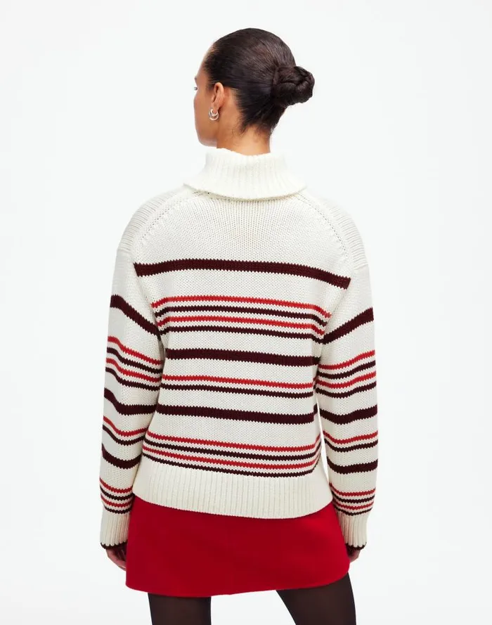 Women Ribbed Cotton Turtleneck Sweater In Stripe Cabernet Stripe Madewell Sweaters