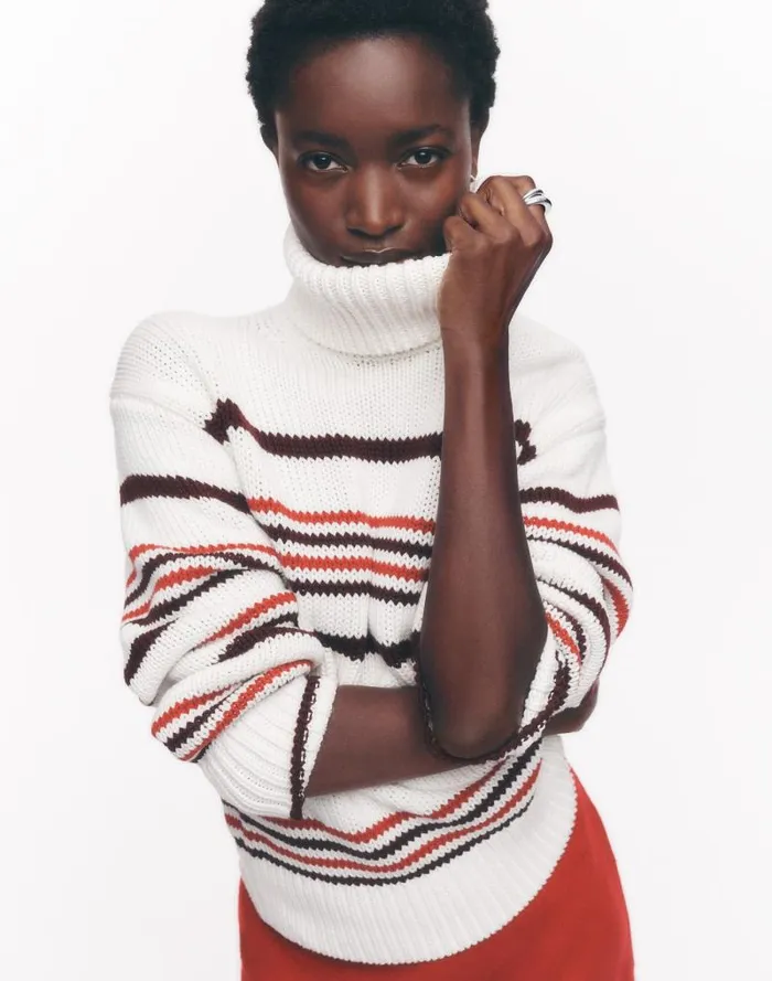 Women Ribbed Cotton Turtleneck Sweater In Stripe Cabernet Stripe Madewell Sweaters