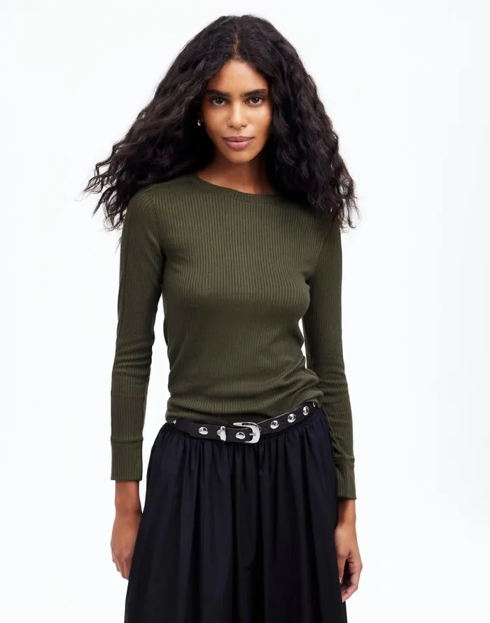 Women Ribbed Crewneck LongSleeve Tee Mossy Umber Madewell Tees