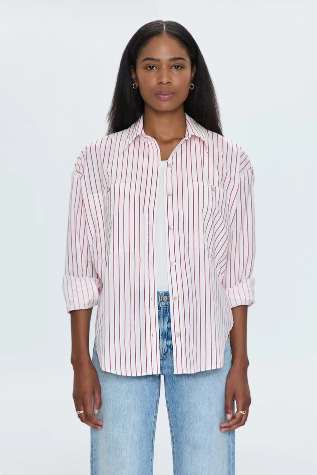 Women Samantha Oversized Button Up Shirt 8211 Ruby Stripe Pistola Denim Tops