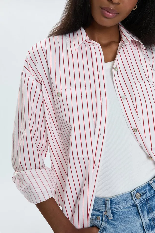 Women Samantha Oversized Button Up Shirt 8211 Ruby Stripe Pistola Denim Tops