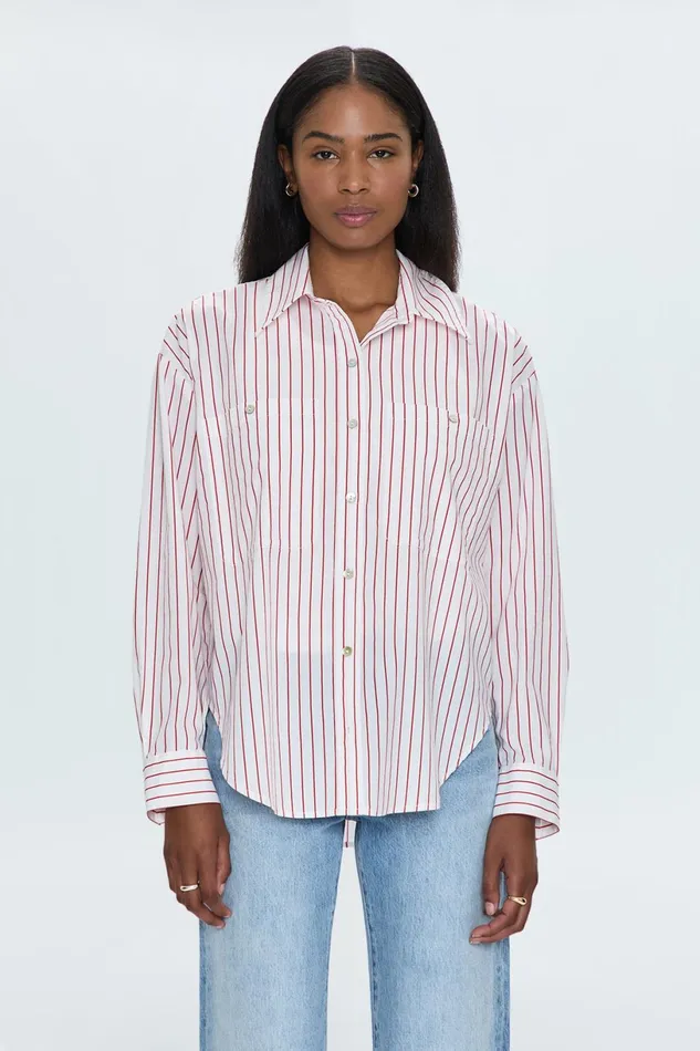 Women Samantha Oversized Button Up Shirt 8211 Ruby Stripe Pistola Denim Tops