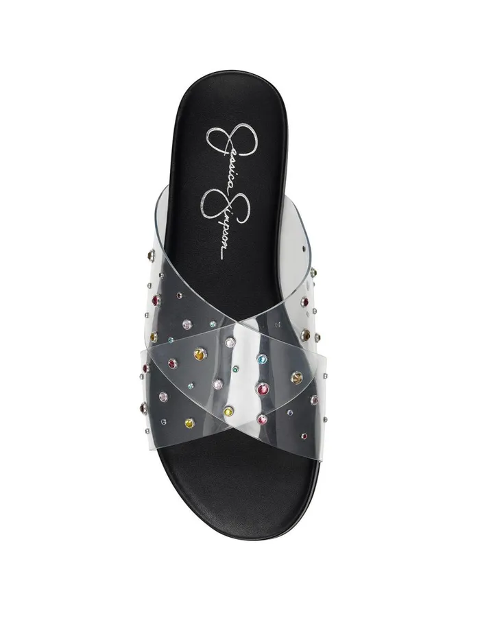 Women Sandals Jessica Simpson Tislie Slide In Clear and Rainbow Clear And Rainbow Stones