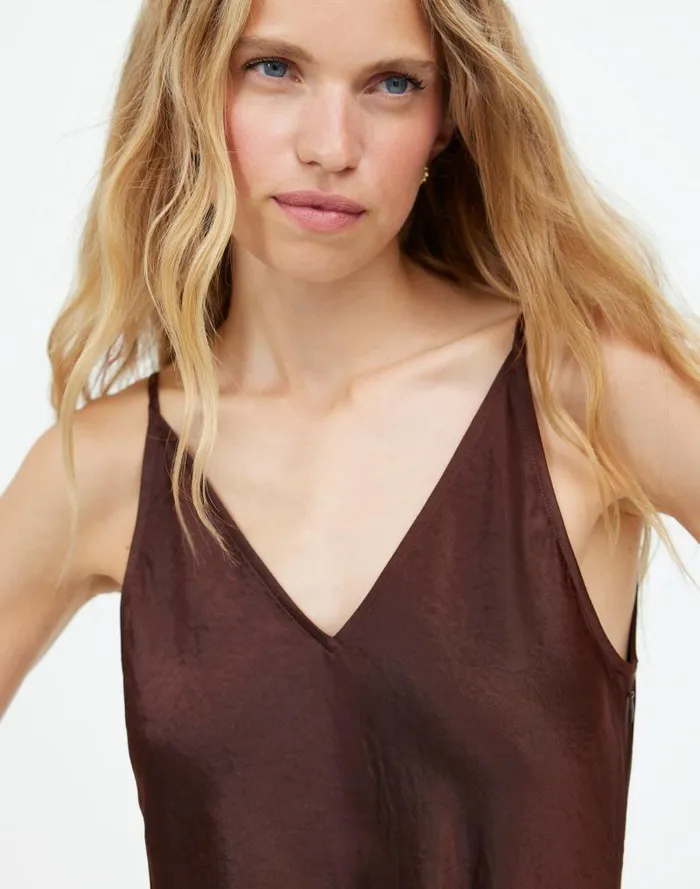 Women Satin Sleeveless Maxi Slip Dress Dark Carob Madewell Dresses