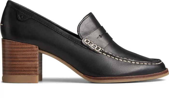 Women Seaport Penny Heel Leather Loafer Black Sperry Flats and Loafers
