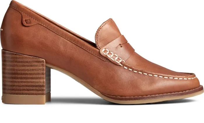 Women Seaport Penny Heel Leather Loafer Tan Sperry Flats and Loafers