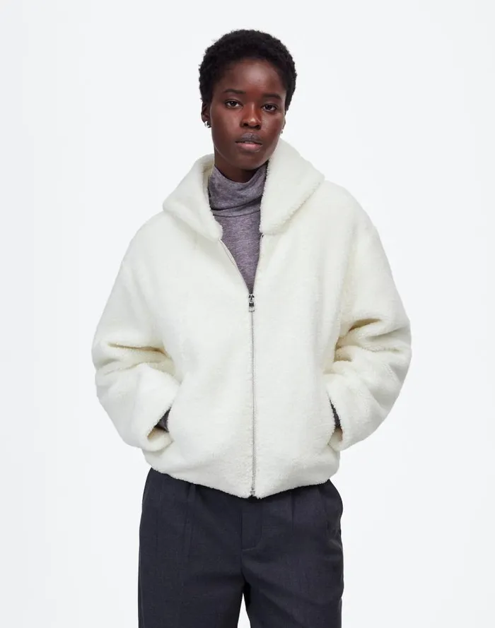 Women Sherpa ZipFront Bomber Jacket Winter White Madewell Coats Jackets