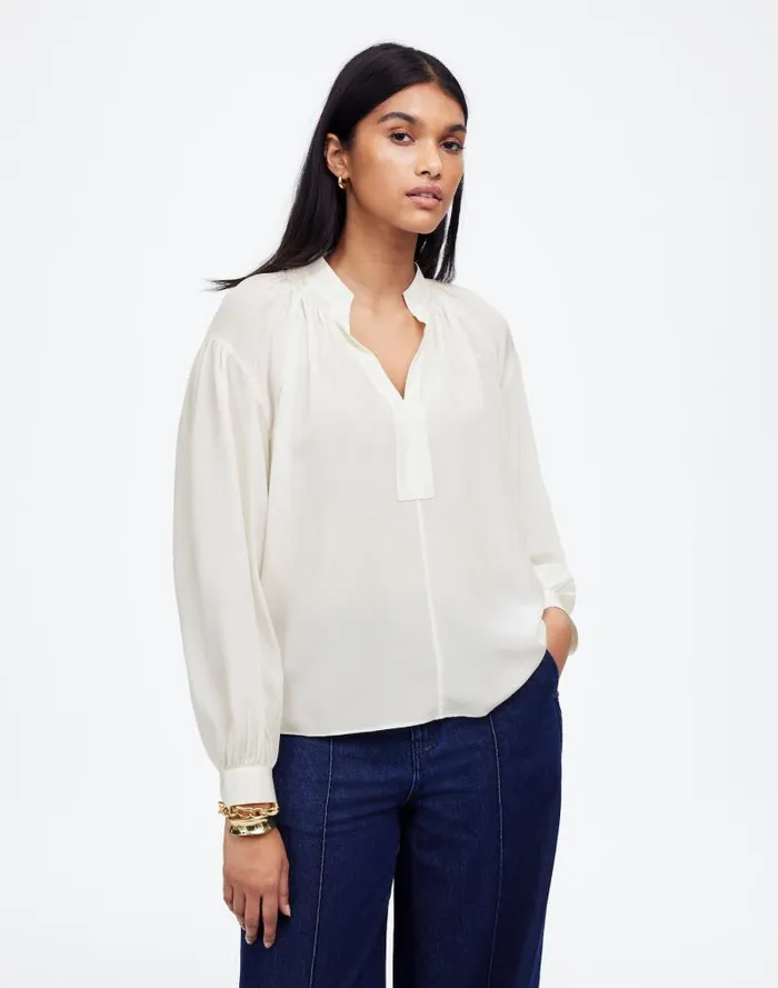 Women Shirred LongSleeve Top In Silk Winter White Madewell Tops and Shirts