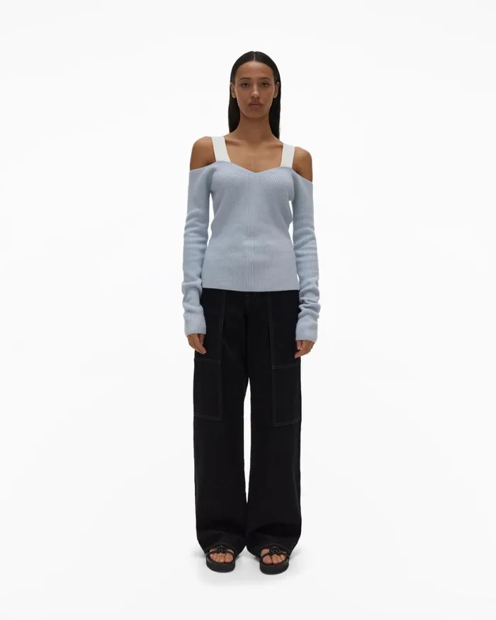 Women Shoulder Strap Pullover Cyber Blue Helmut Lang Sweaters