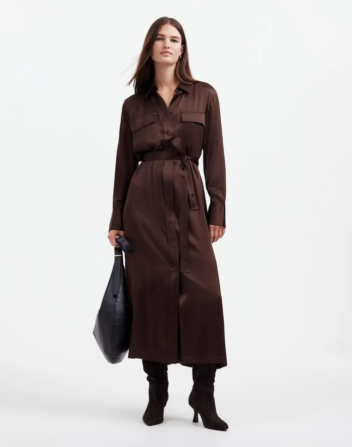 Women Silk Belted Midi Shirtdress Dark Carob Madewell Dresses