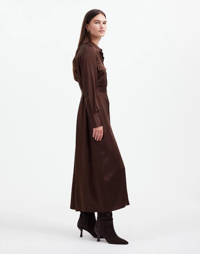 Women Silk Belted Midi Shirtdress Dark Carob Madewell Dresses