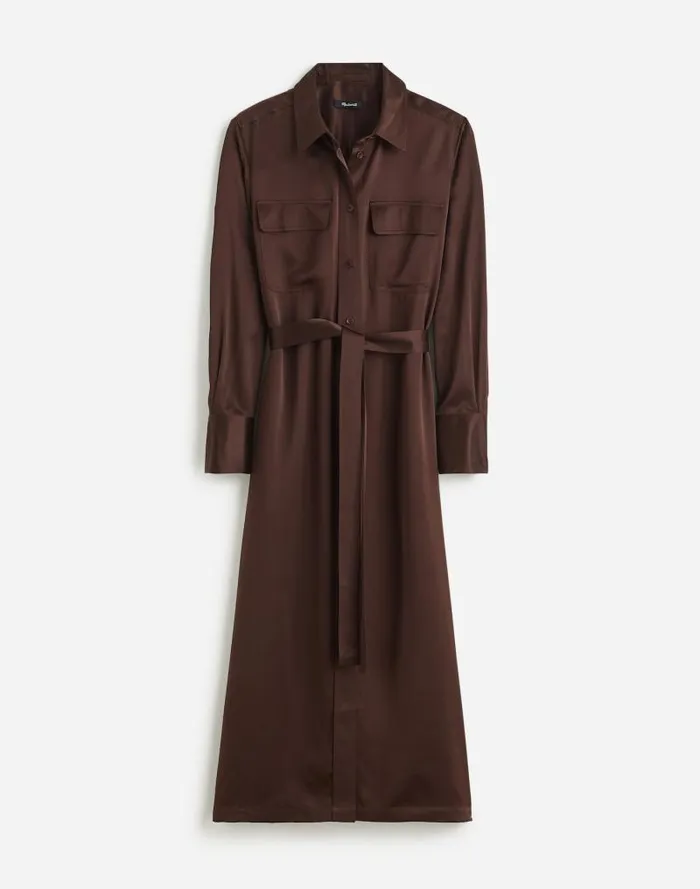 Women Silk Belted Midi Shirtdress Dark Carob Madewell Dresses