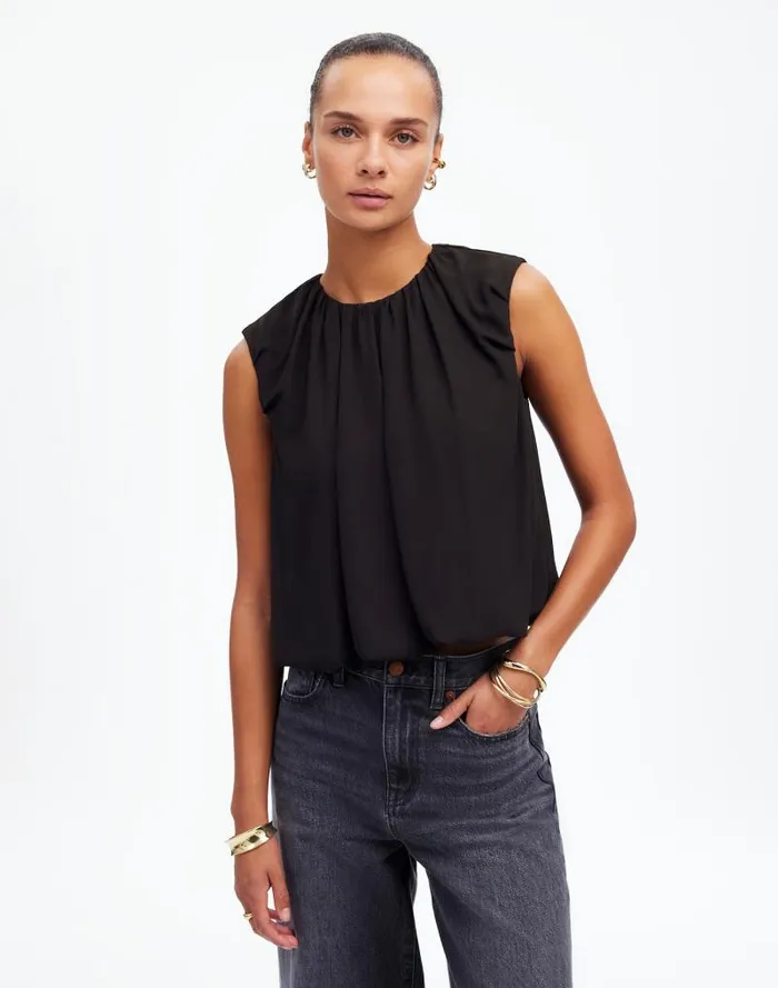 Women Sleeveless Bubble Top In Chiffon True Black Madewell Tops and Shirts