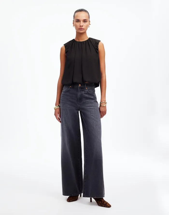 Women Sleeveless Bubble Top In Chiffon True Black Madewell Tops and Shirts