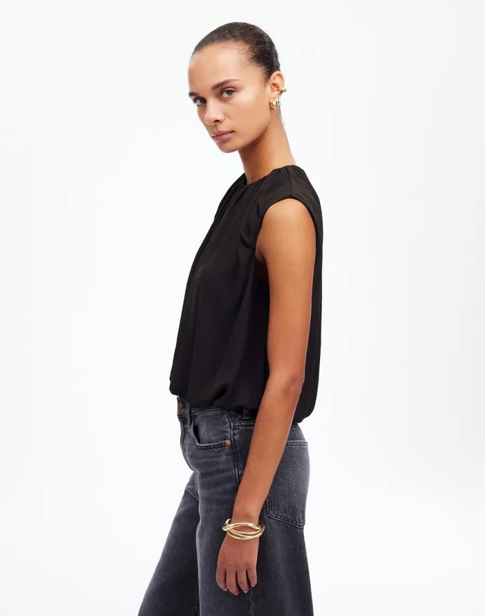 Women Sleeveless Bubble Top In Chiffon True Black Madewell Tops and Shirts