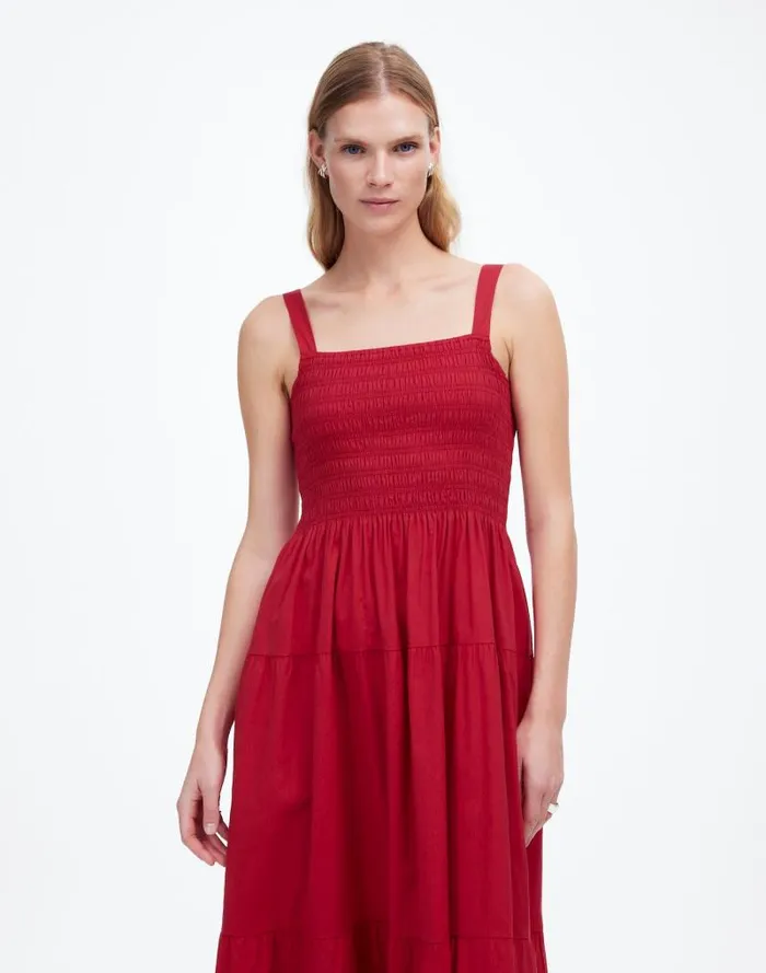 Women Smocked Tiered Maxi Dress Solid Crimson Berry Madewell Dresses
