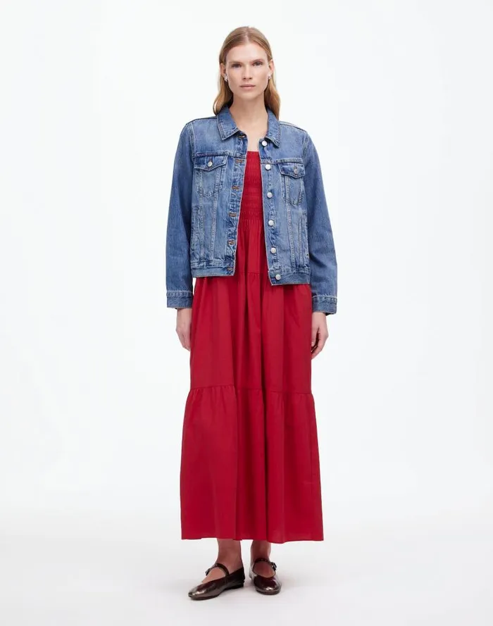 Women Smocked Tiered Maxi Dress Solid Crimson Berry Madewell Dresses