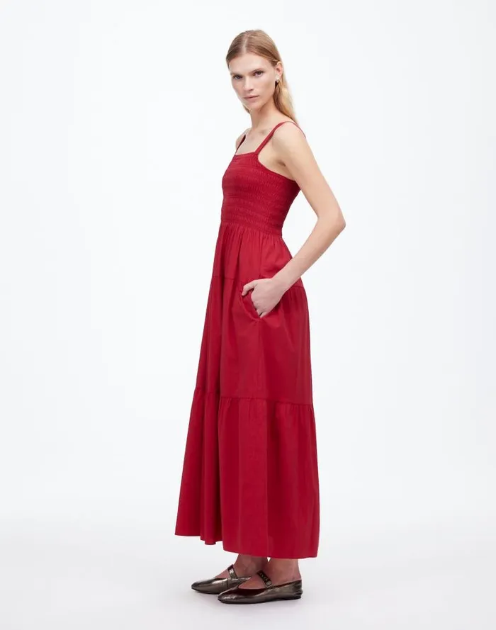 Women Smocked Tiered Maxi Dress Solid Crimson Berry Madewell Dresses