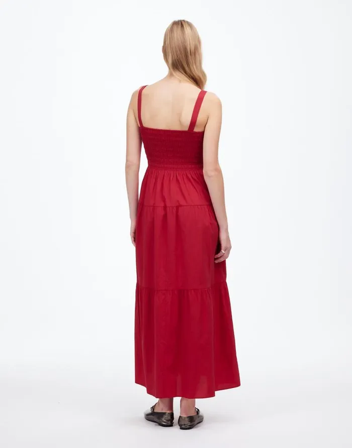 Women Smocked Tiered Maxi Dress Solid Crimson Berry Madewell Dresses
