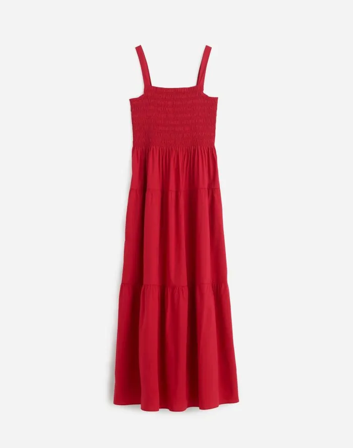 Women Smocked Tiered Maxi Dress Solid Crimson Berry Madewell Dresses