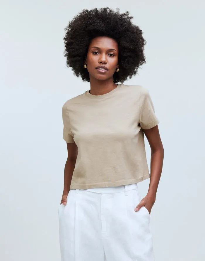 Women Softfade Cotton BoxyCrop Tee Drill Khaki Madewell Tees