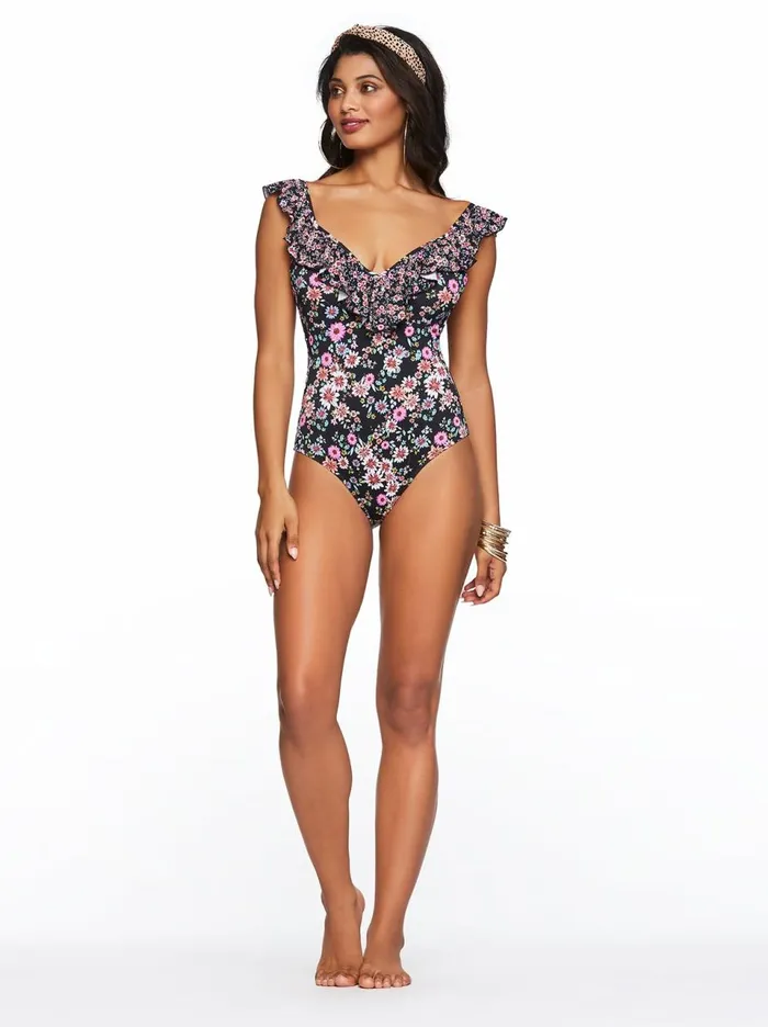 Women Swim Jessica Simpson Posy Fields Frill Shoulder One Piece In Black Floral Posey Fields Black Floral