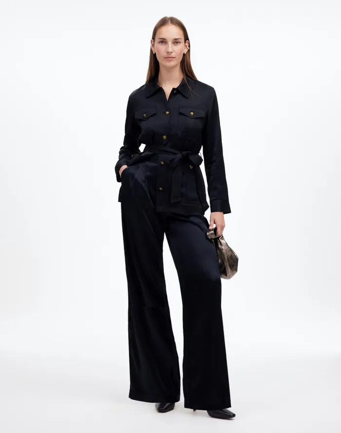 Women The Harlow SuperwideLeg In Stretch Satin True Black Madewell Pants
