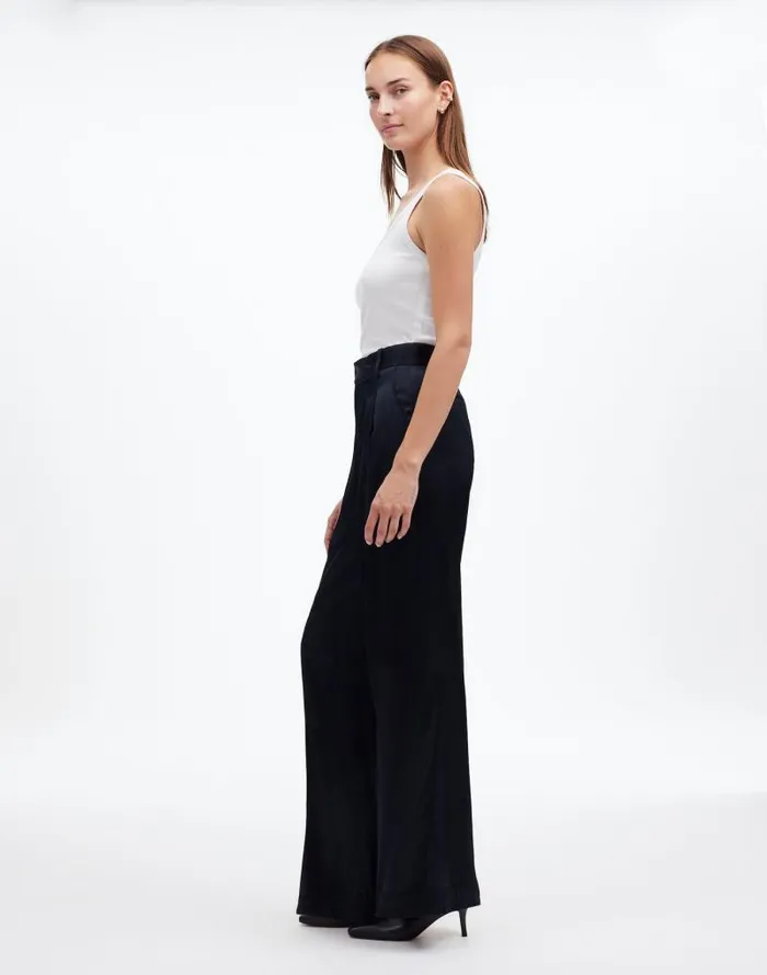 Women The Harlow SuperwideLeg In Stretch Satin True Black Madewell Pants