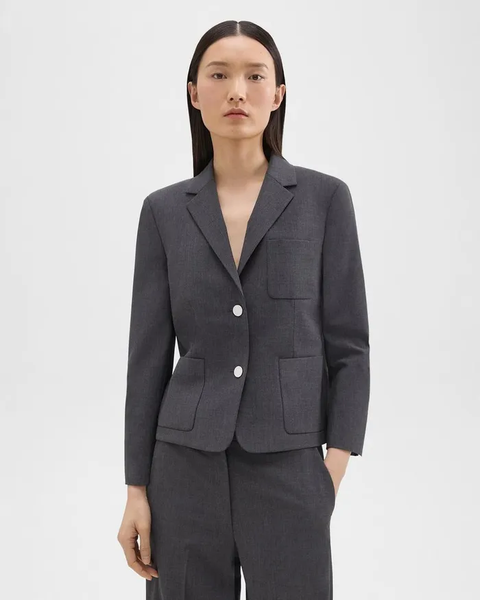 Women Theory Blazers Jackets Boxy Patch Pocket Blazer In Good Wool Charcoal Melange Women Theory Blazers Jackets Boxy Patch Pocket Blazer In Good Wool Charcoal Melange