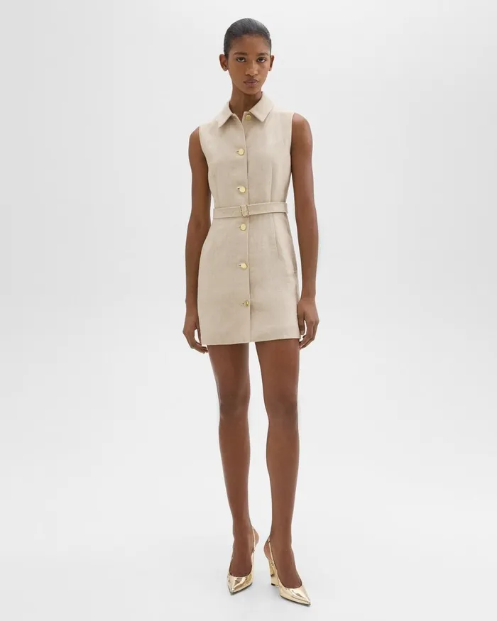 Women Theory Dresses Belted Military Dress In Basket Weave Linen Straw
