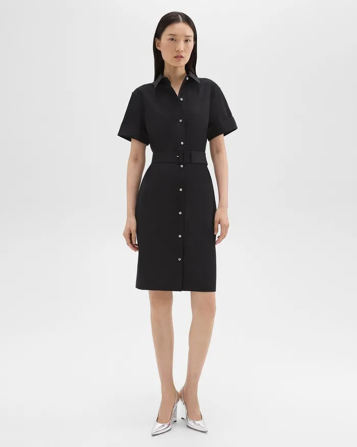 Women Theory Dresses Belted Shirt Dress In Stretch Wool Black