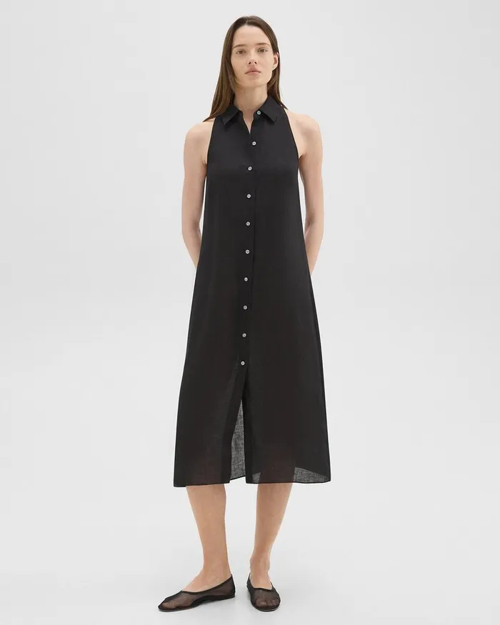 Women Theory Dresses Halter Neck Shirt Dress In Hemp Black