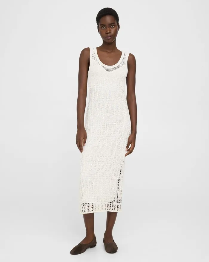 Women Theory Dresses Open Stitch Midi Dress In CottonBlend White