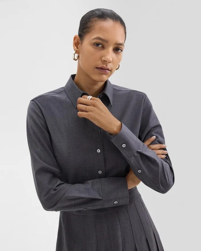 Women Theory Dresses Pleated Mini Shirt Dress In Stretch WoolBlend Charcoal Melange