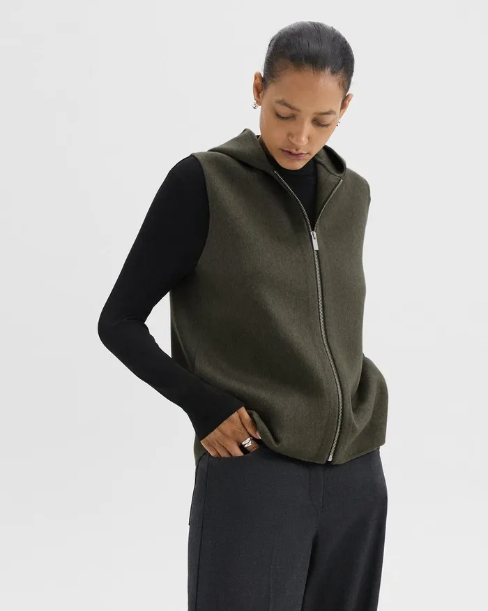 Women Theory Outerwear Hooded ZipUp Vest In DoubleFace WoolCashmere Hunter Green Melange Women Theory Outerwear Hooded ZipUp Vest In DoubleFace WoolCashmere Hunter Green Melange
