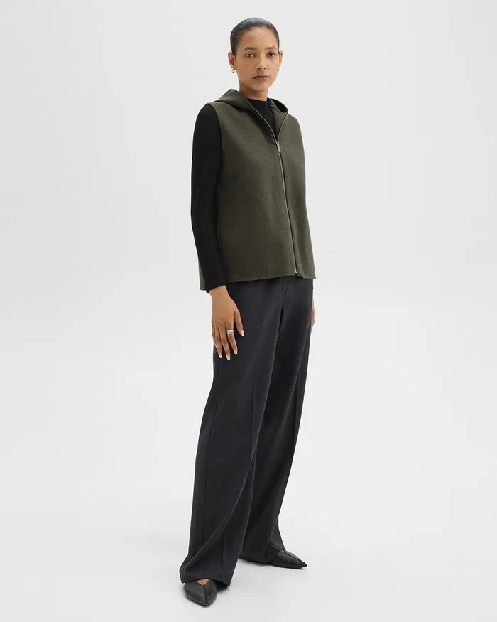 Women Theory Outerwear Hooded ZipUp Vest In DoubleFace WoolCashmere Hunter Green Melange
