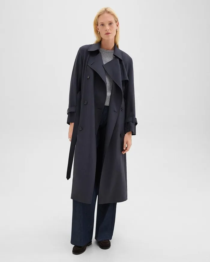 Women Theory Outerwear Relaxed Trench Coat In Stretch Flannel Dark Navy