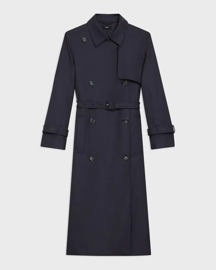 Women Theory Outerwear Relaxed Trench Coat In Stretch Flannel Dark Navy