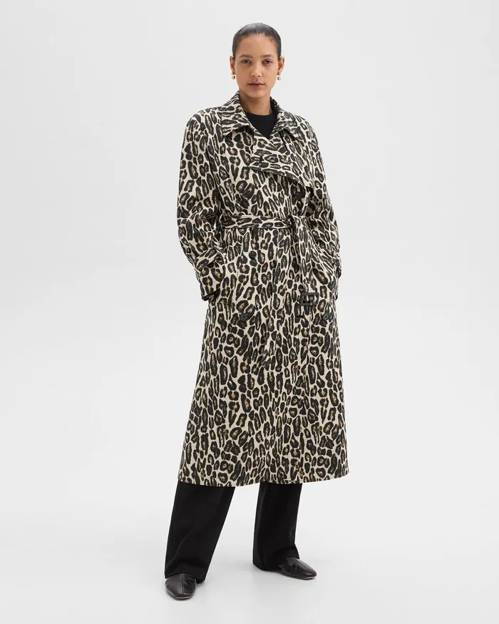 Women Theory Outerwear Relaxed Trench Coat In Stretch Leopard Wool Beige Multi
