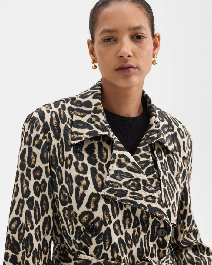 Women Theory Outerwear Relaxed Trench Coat In Stretch Leopard Wool Beige Multi