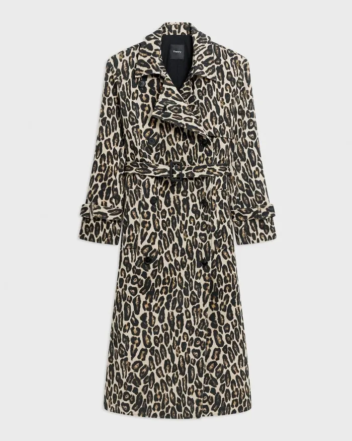 Women Theory Outerwear Relaxed Trench Coat In Stretch Leopard Wool Beige Multi