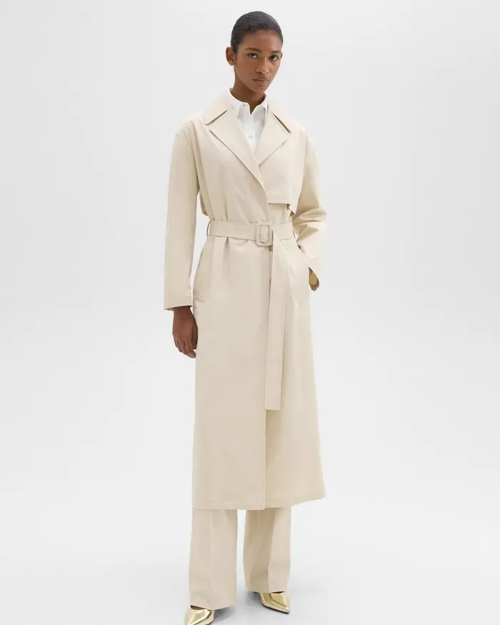Women Theory Outerwear Wrap Trench Coat In Organic Cotton Sand