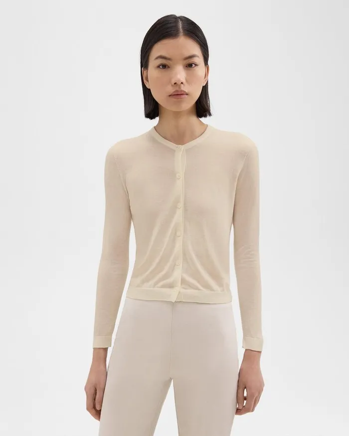 Women Theory Sweaters Cardigans Crewneck Cardigan In Regal Wool Ecru