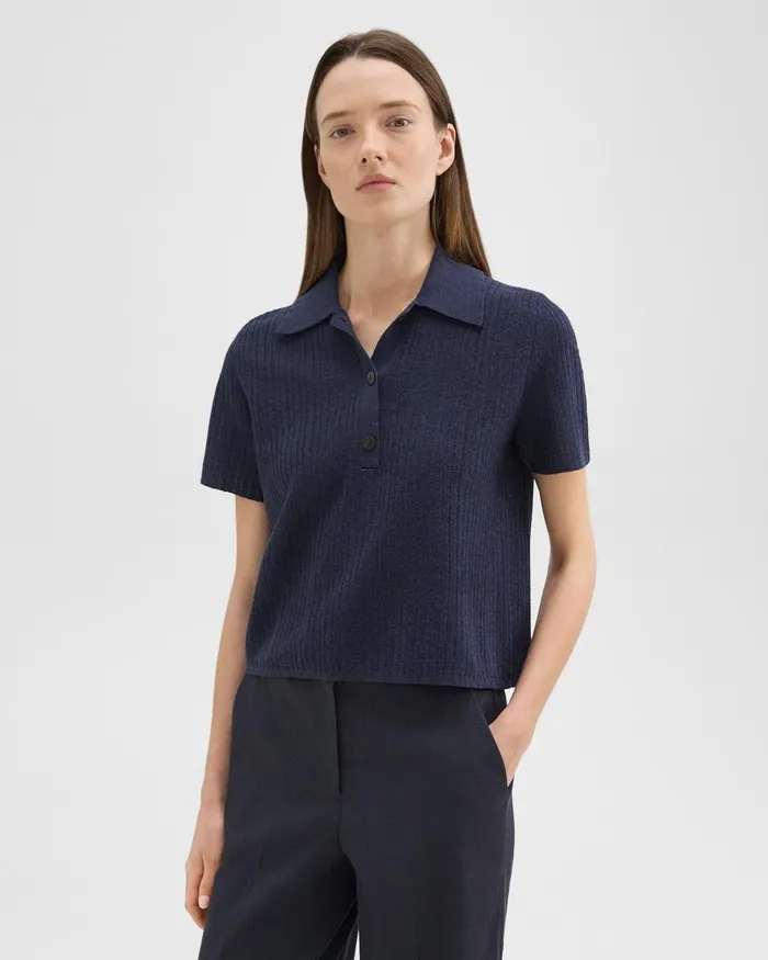 Women Theory Sweaters Cardigans Cropped Polo In LinenViscose Nocturne Navy