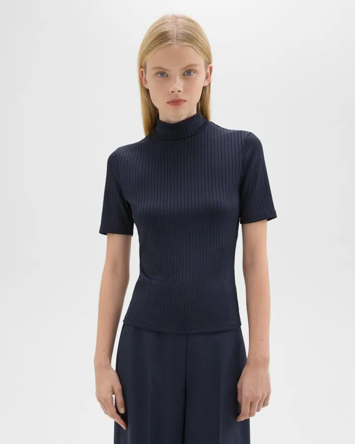Women Theory TShirts Tank Tops Mock Neck ShortSleeve Top In Rib Knit Nocturne Navy Women Theory TShirts Tank Tops Mock Neck ShortSleeve Top In Rib Knit Nocturne Navy